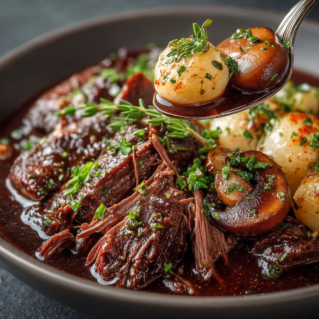 A bowl of beef stew with potatoes and herbs.