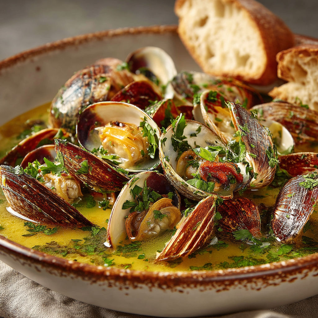 A bowl of seafood with a loaf of bread on the side.