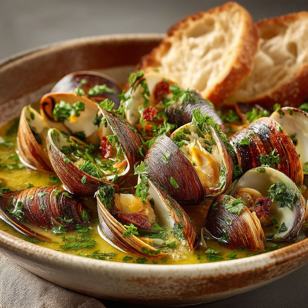 A bowl of clams with herbs and bread.