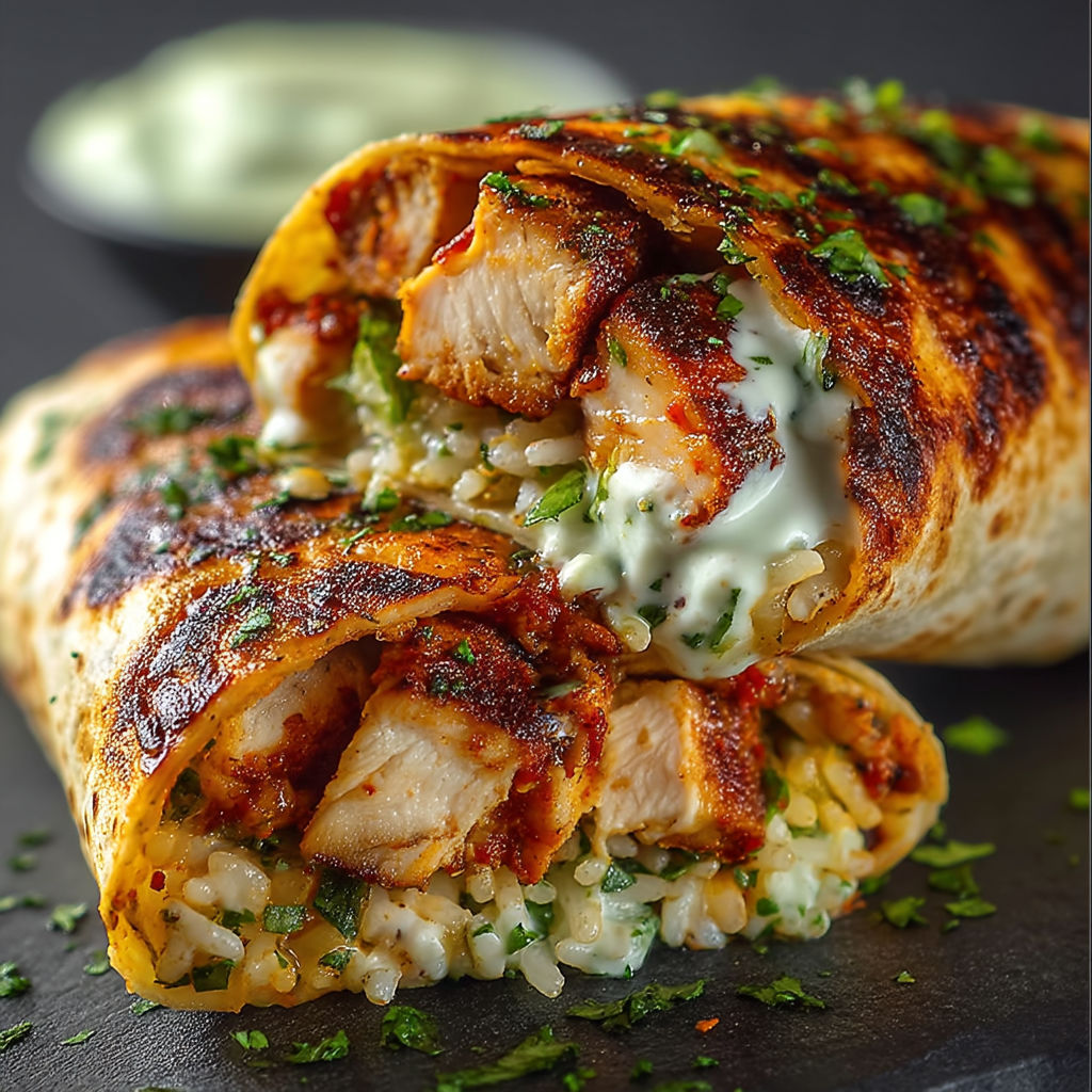 A burrito with chicken and sauce.