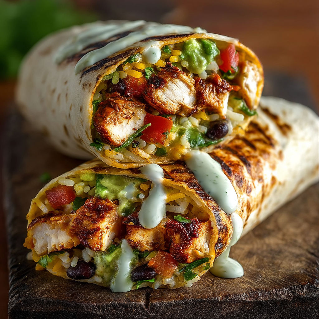 A burrito with rice, beans, and chicken.