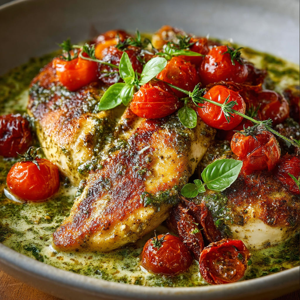 A plate of chicken with tomatoes and pesto.