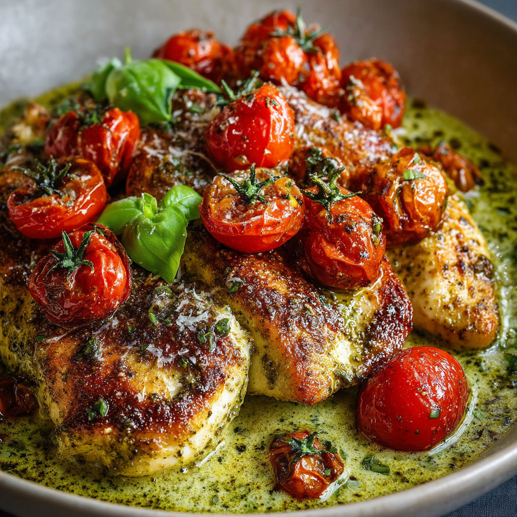 A bowl of food with tomatoes, chicken, and basil.