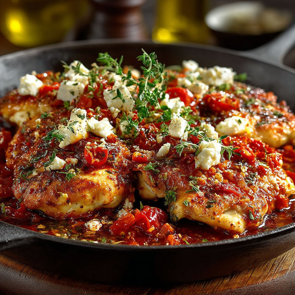 A delicious looking Saganaki dish with chicken and tomatoes.