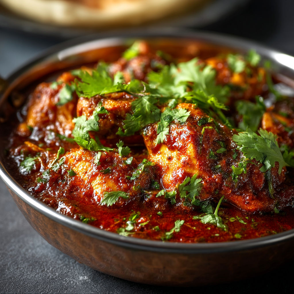 A bowl of chicken bhuna.