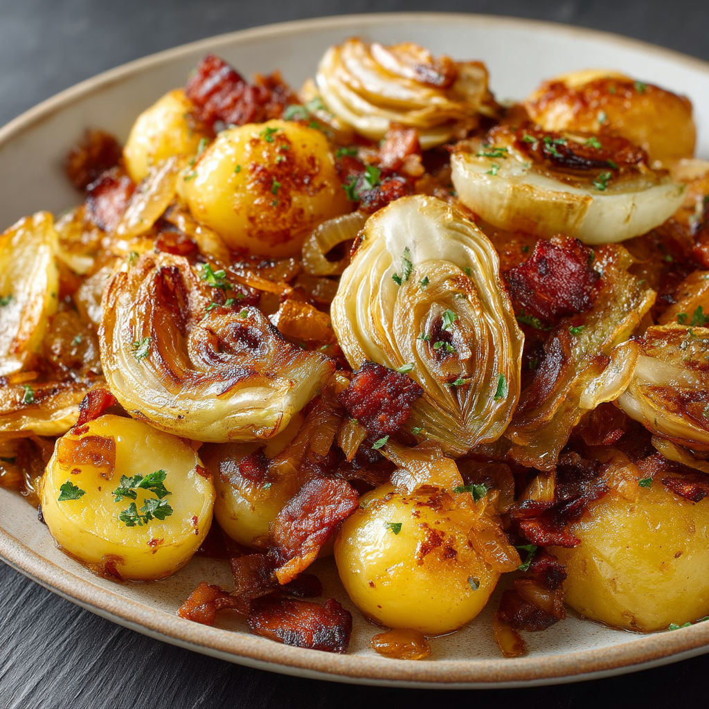 A plate of food with onions and potatoes.