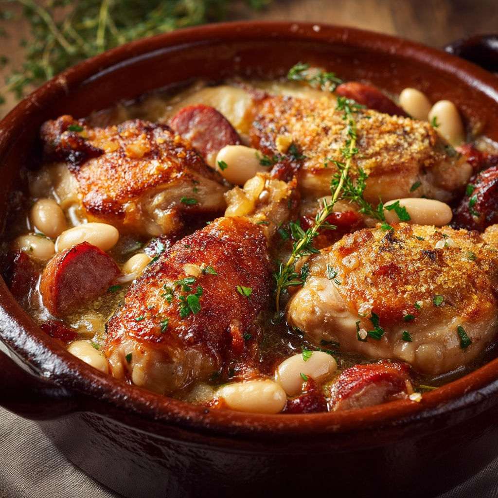 A bowl of food with chicken, beans, and sausage.