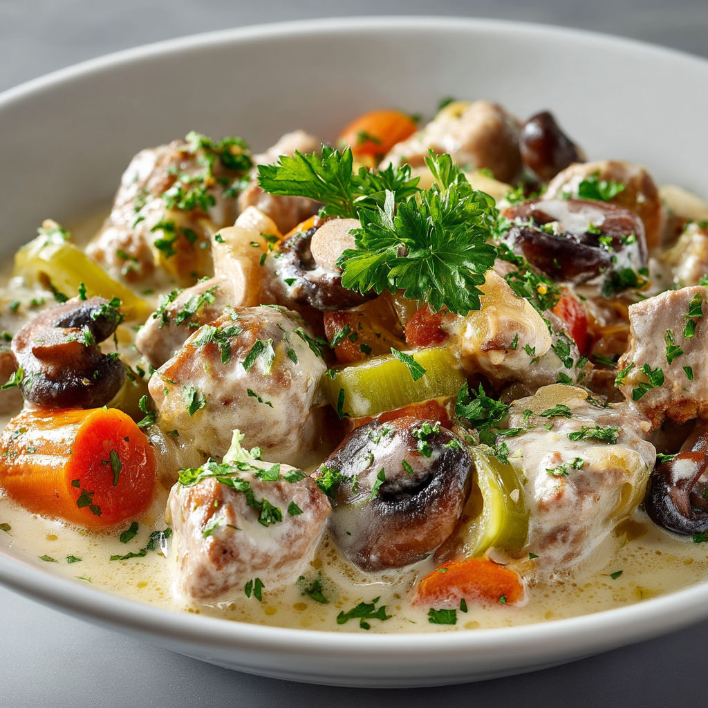 A bowl of food with a green herb on top.