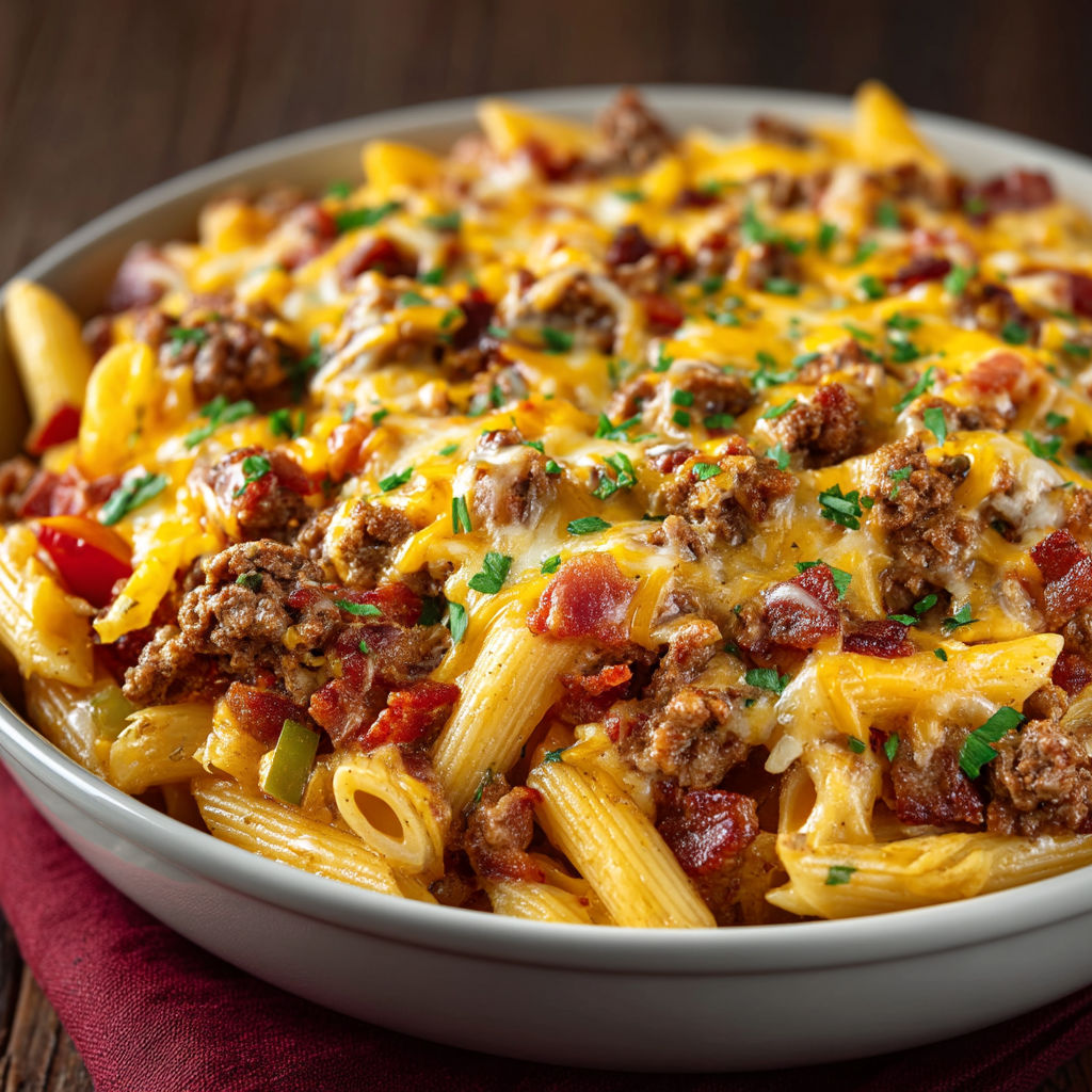 A bowl of bacon cheeseburger pasta.