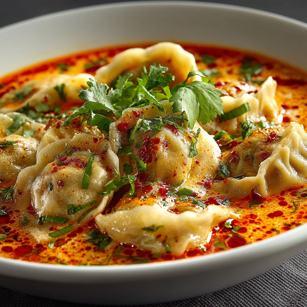 A bowl of soup with ravioli in it.
