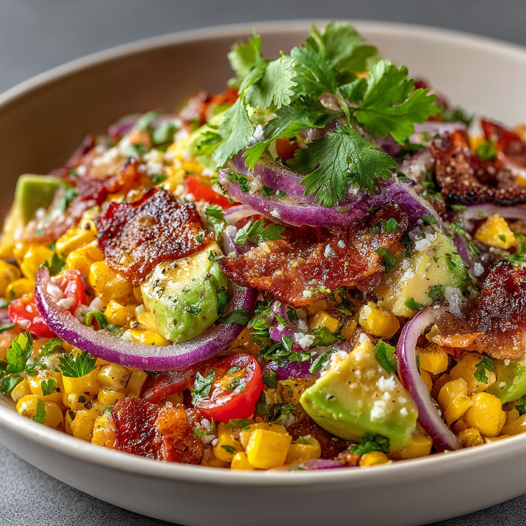 A bowl of salad with corn, avocado, and bacon.