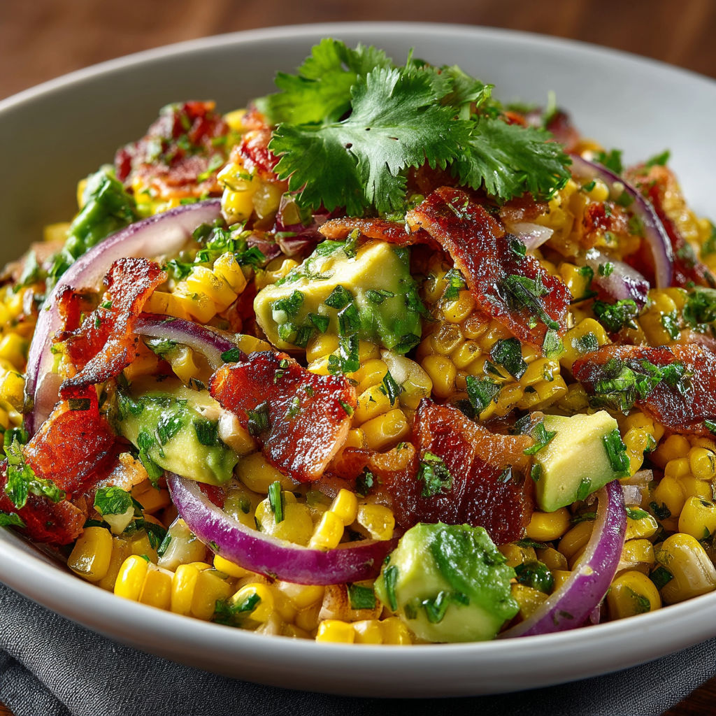 A bowl of food with bacon, corn, and onions.