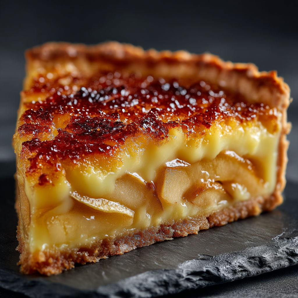 A slice of tarte aux pommes façon crème brûlée.