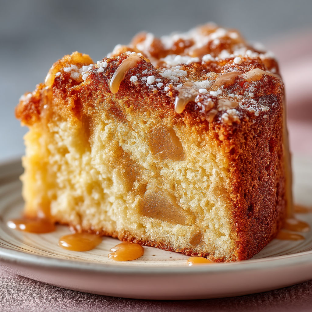 A slice of apple cake on a plate.
