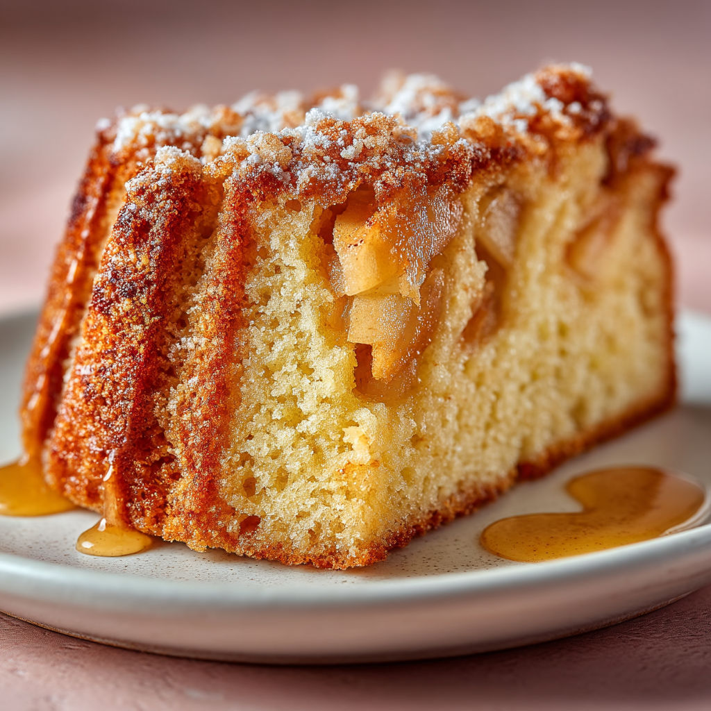 A slice of a cake with apples on top.