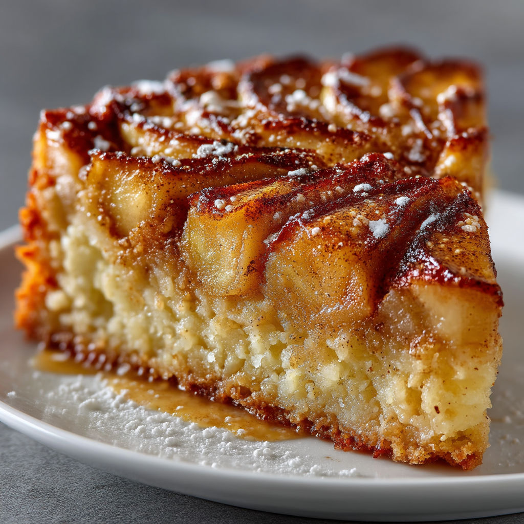 A slice of apple pie with a dusting of powdered sugar.