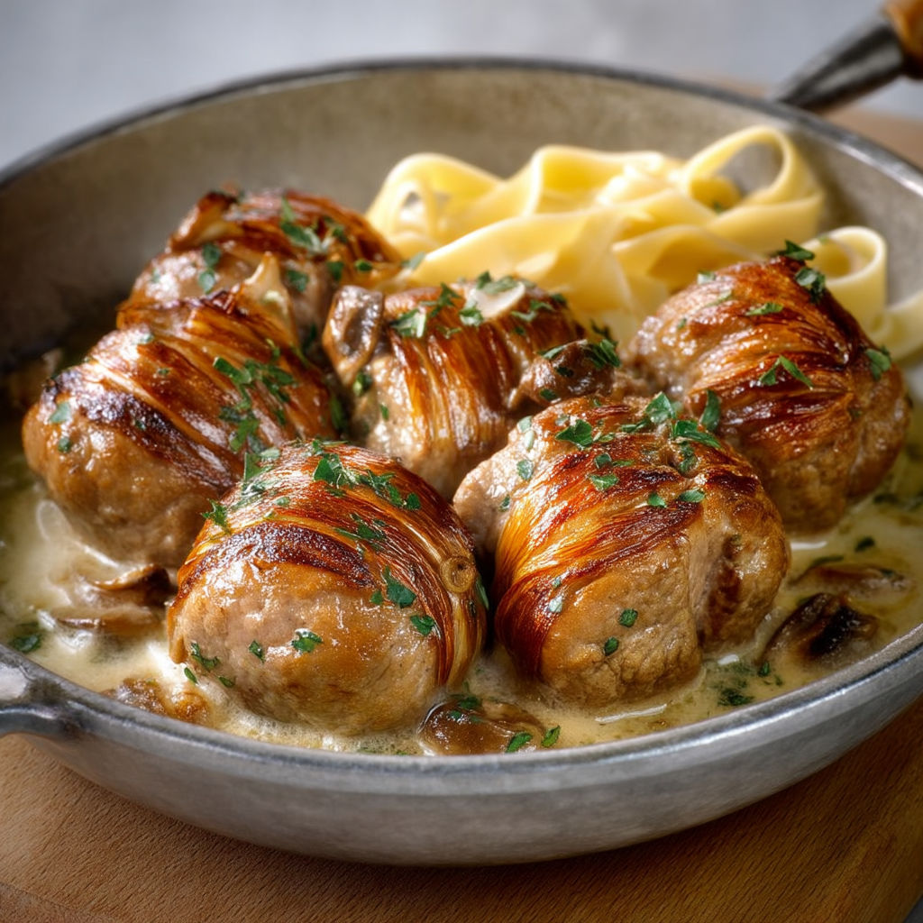 A plate of meat with mushrooms and noodles.