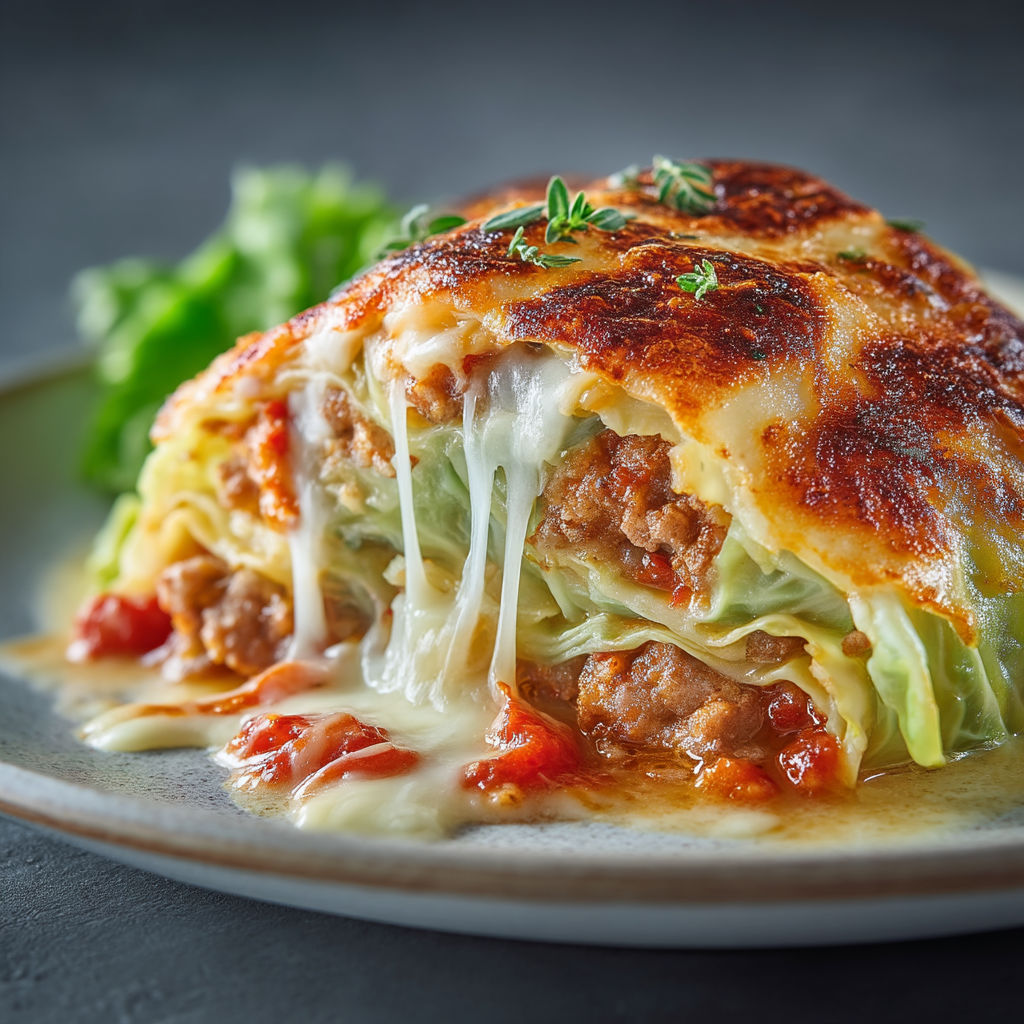 A dish of lasagna with meat and vegetables.