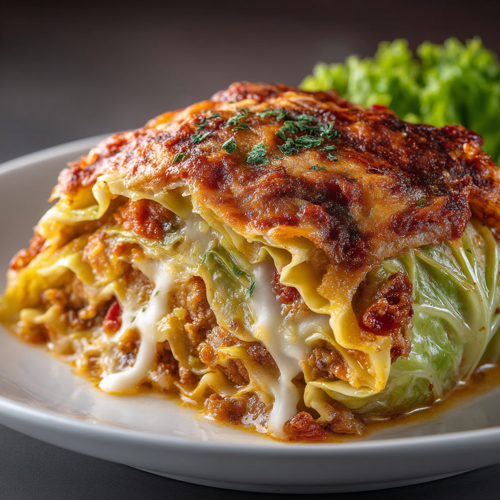 A plate of food with a lasagna dish on it.