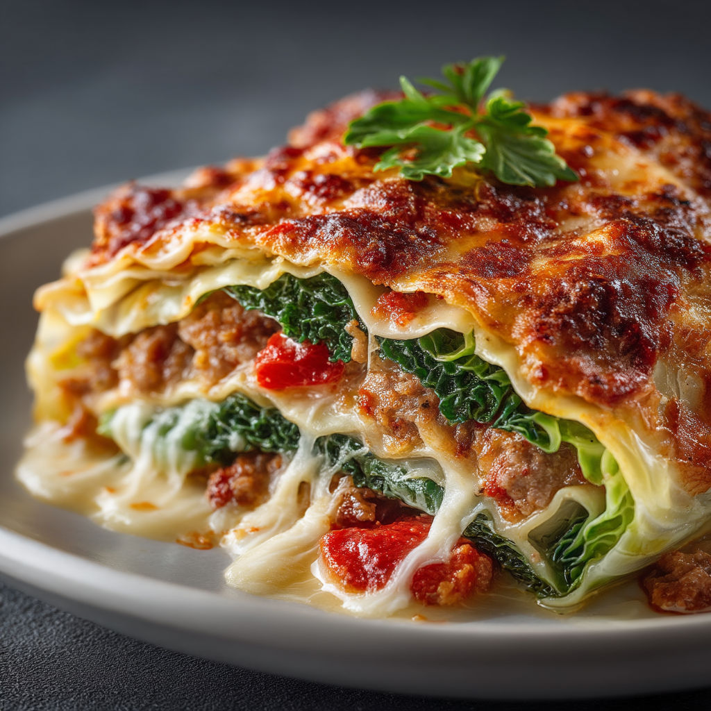 A close up of a lasagna with meat and vegetables.