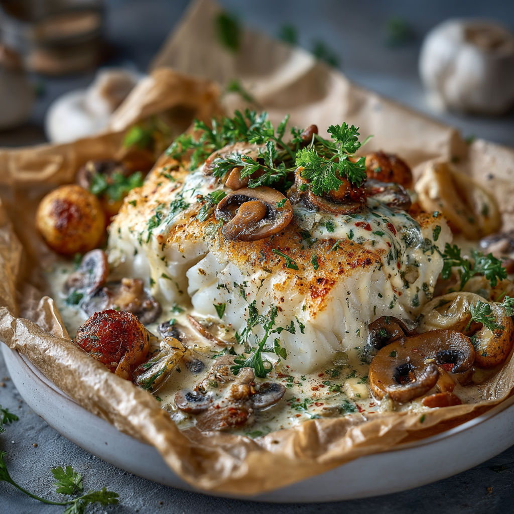 A plate of food with mushrooms and herbs.