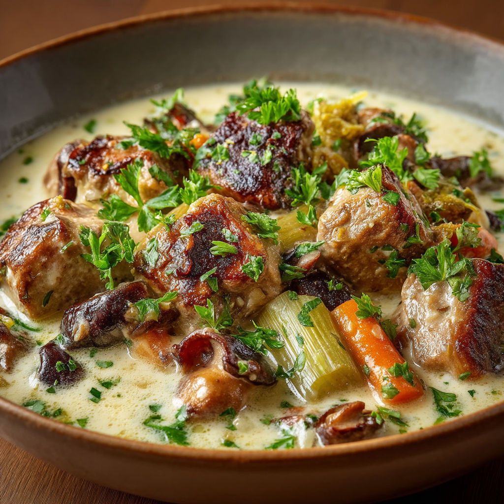 A bowl of food with meat and vegetables.