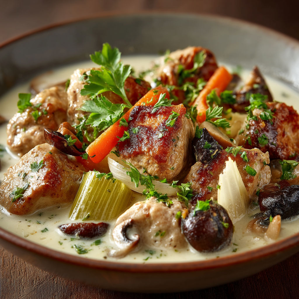A bowl of food with meat, vegetables, and mushrooms.