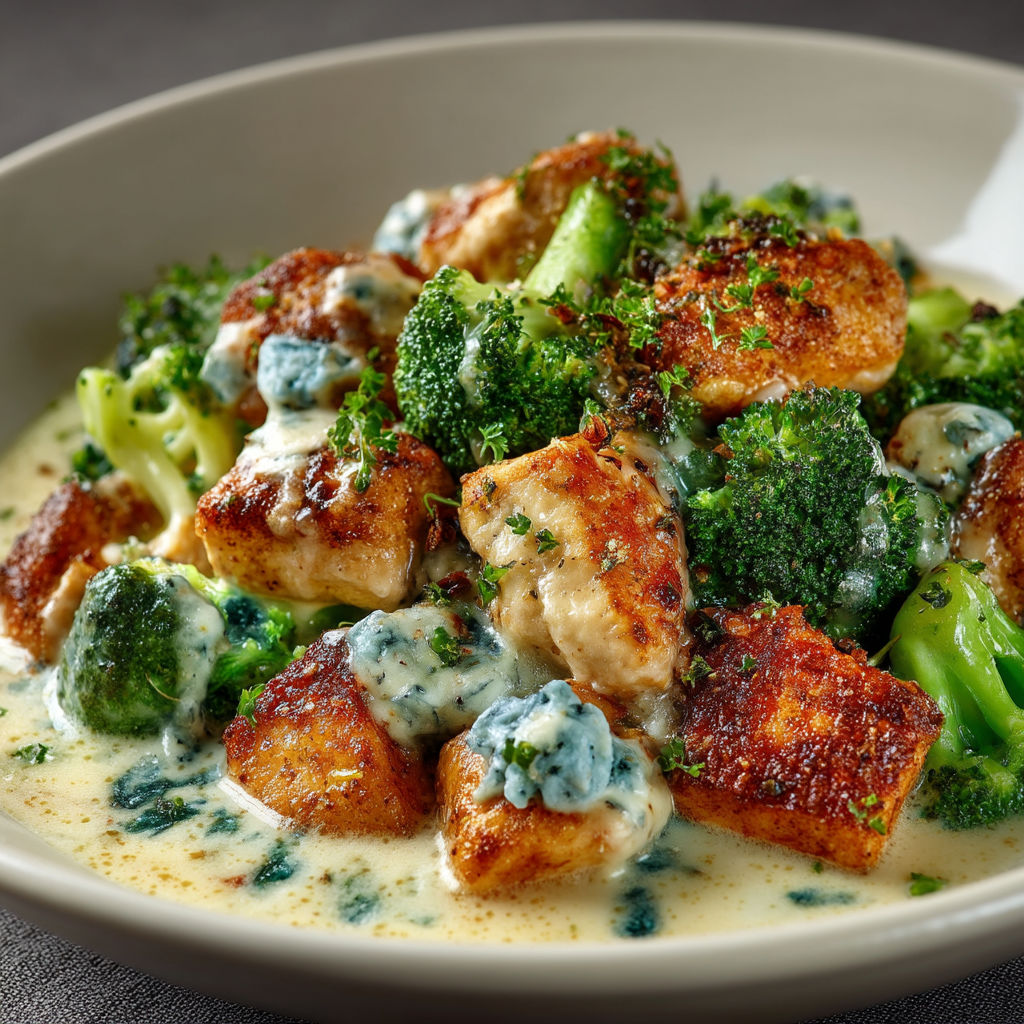 A plate of food with broccoli and blue cheese.