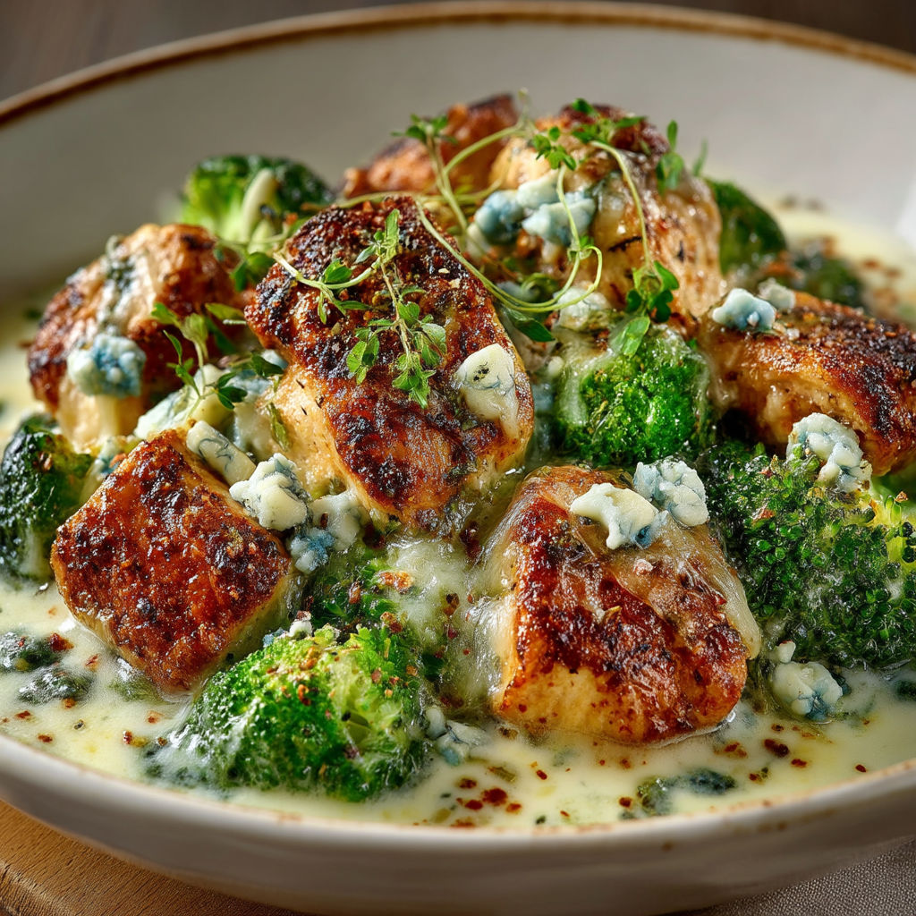 A bowl of food with broccoli and blue cheese.