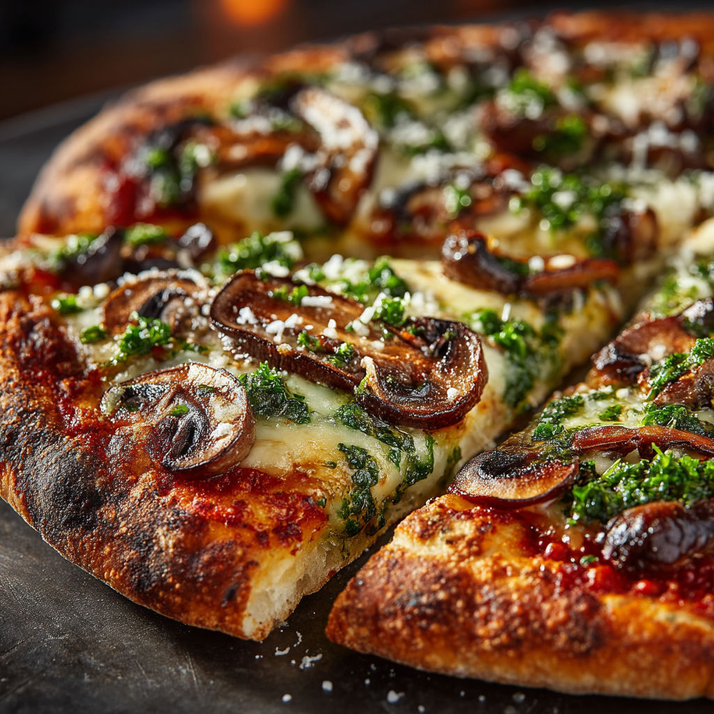 A pizza with mushrooms and spinach.