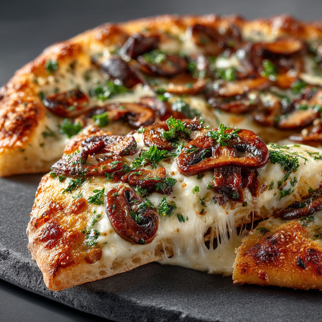 A pizza with mushrooms and parsley on it.