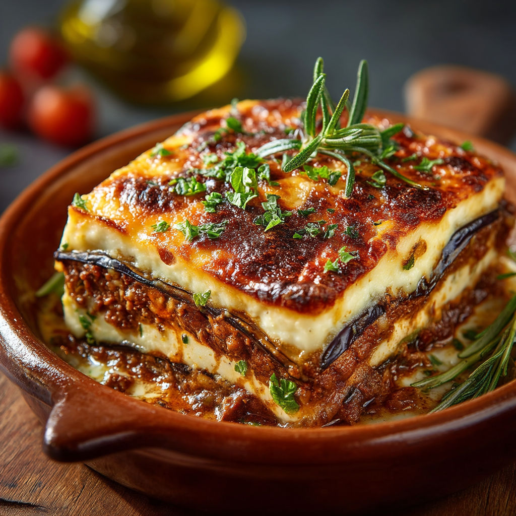 A dish of Moussaka in a bowl.
