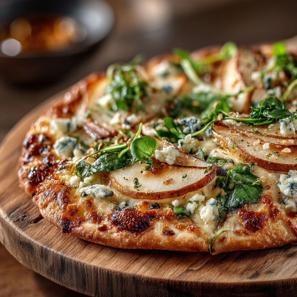 A pizza with blue cheese and spinach on top.