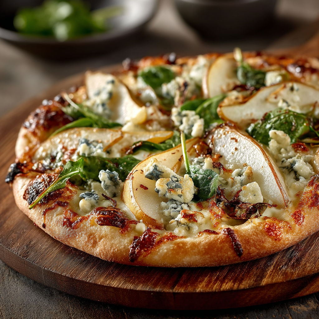 A pizza with blue cheese and spinach on top.