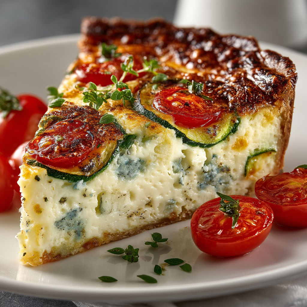 A slice of quiche with tomatoes and Cambozola cheese.