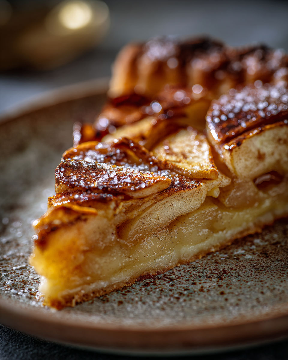 A slice of crustade aux pommes on a plate.