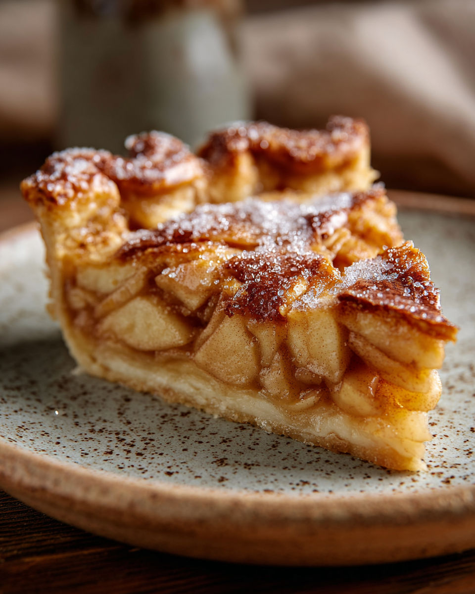 A slice of apple pie on a plate.