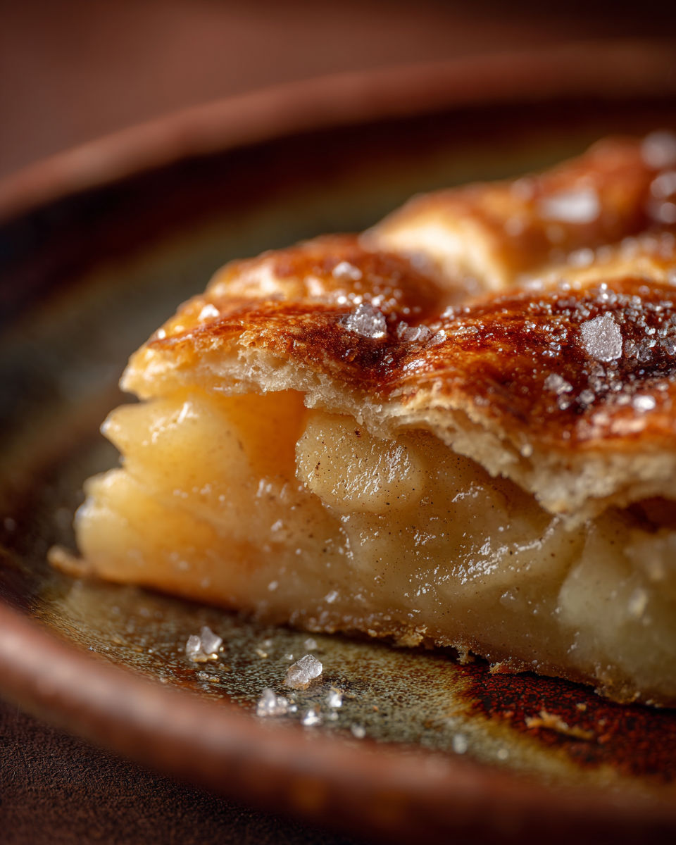 A slice of pie with sugar on top.