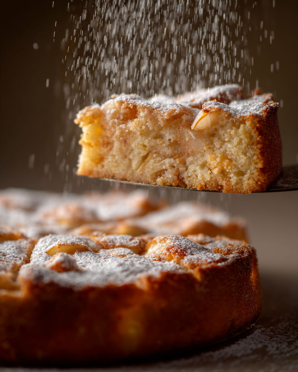 A slice of cake with powdered sugar on it.