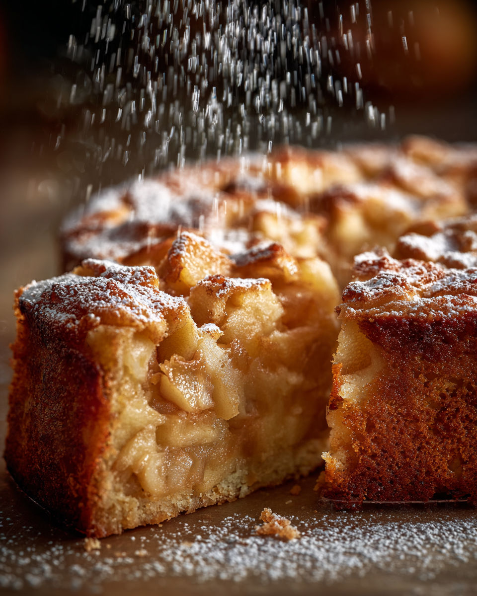 A slice of apple pie with powdered sugar on top.