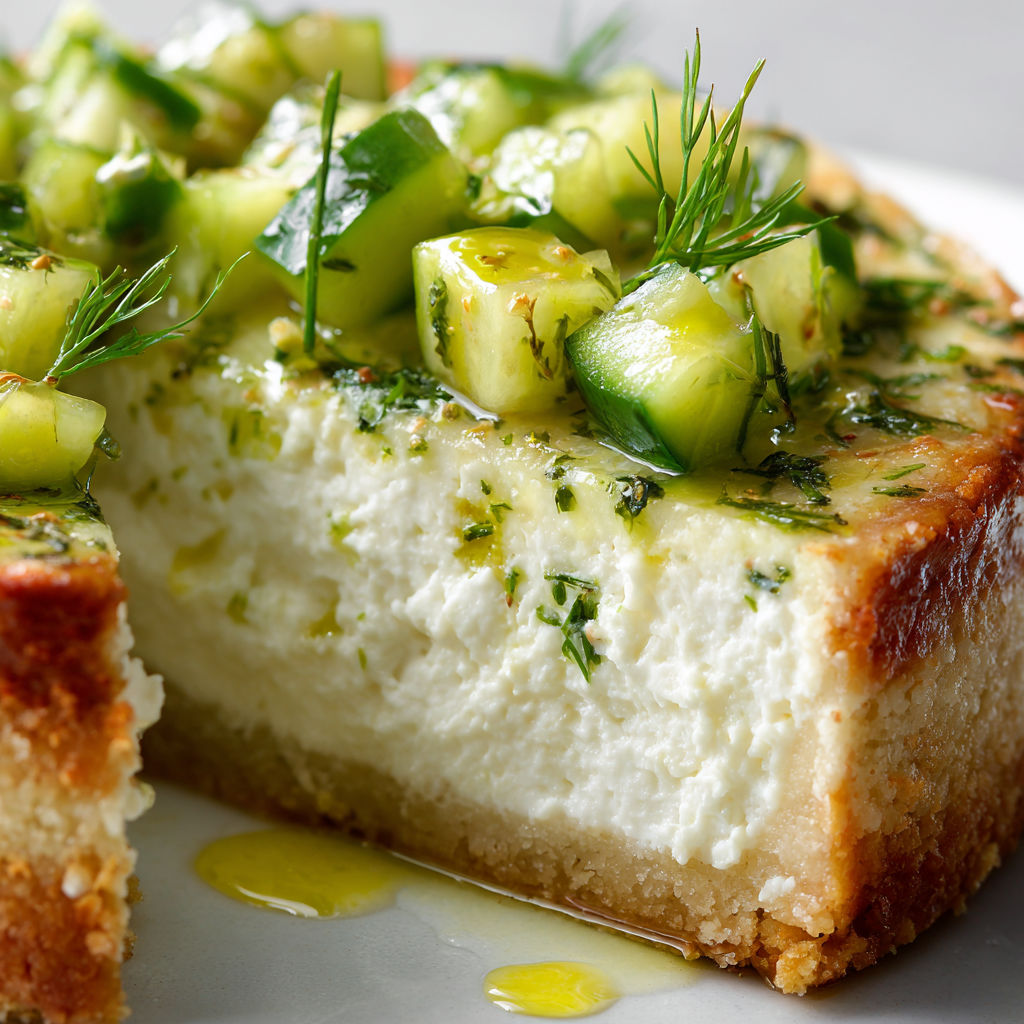 A slice of cheesecake with cucumber on top.