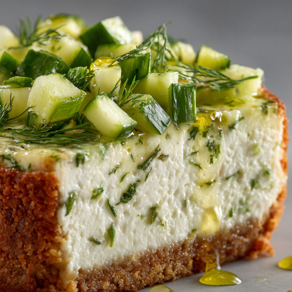 A slice of cheesecake with cucumber and herbs on top.