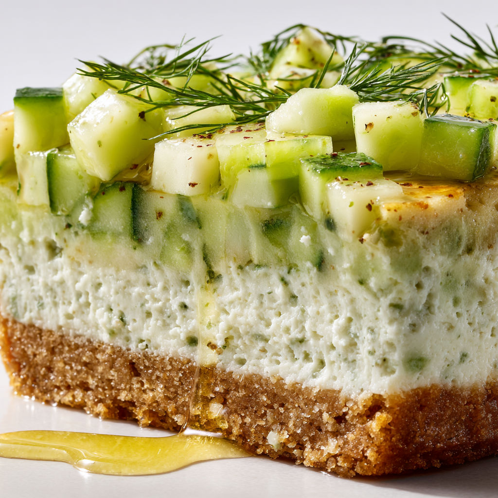 A slice of cheesecake with cucumber toppings.