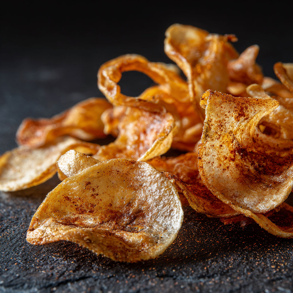 A close up of a pile of fried potato chips.