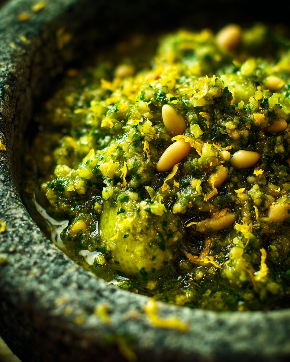 A bowl of food with a green sauce.