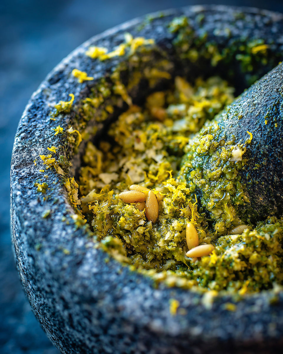 A bowl of pesto with yellow seeds in it.