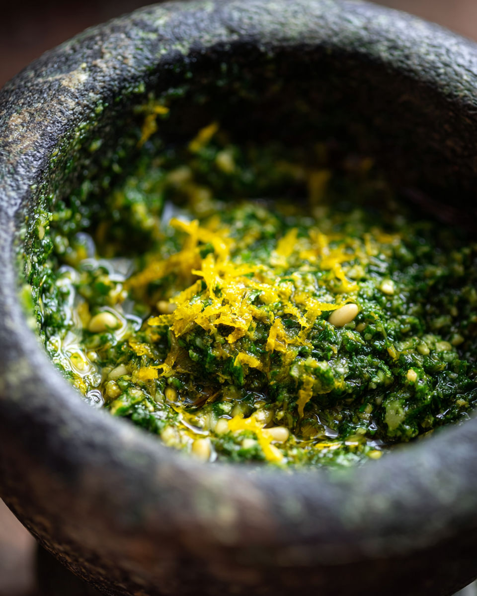 A bowl of pesto with a slice of lemon.