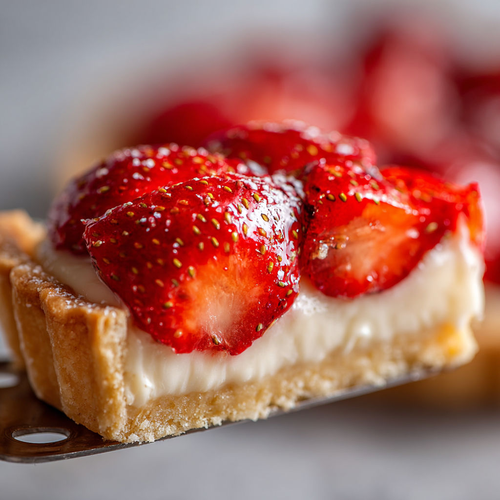 A slice of strawberry cheesecake on a plate.