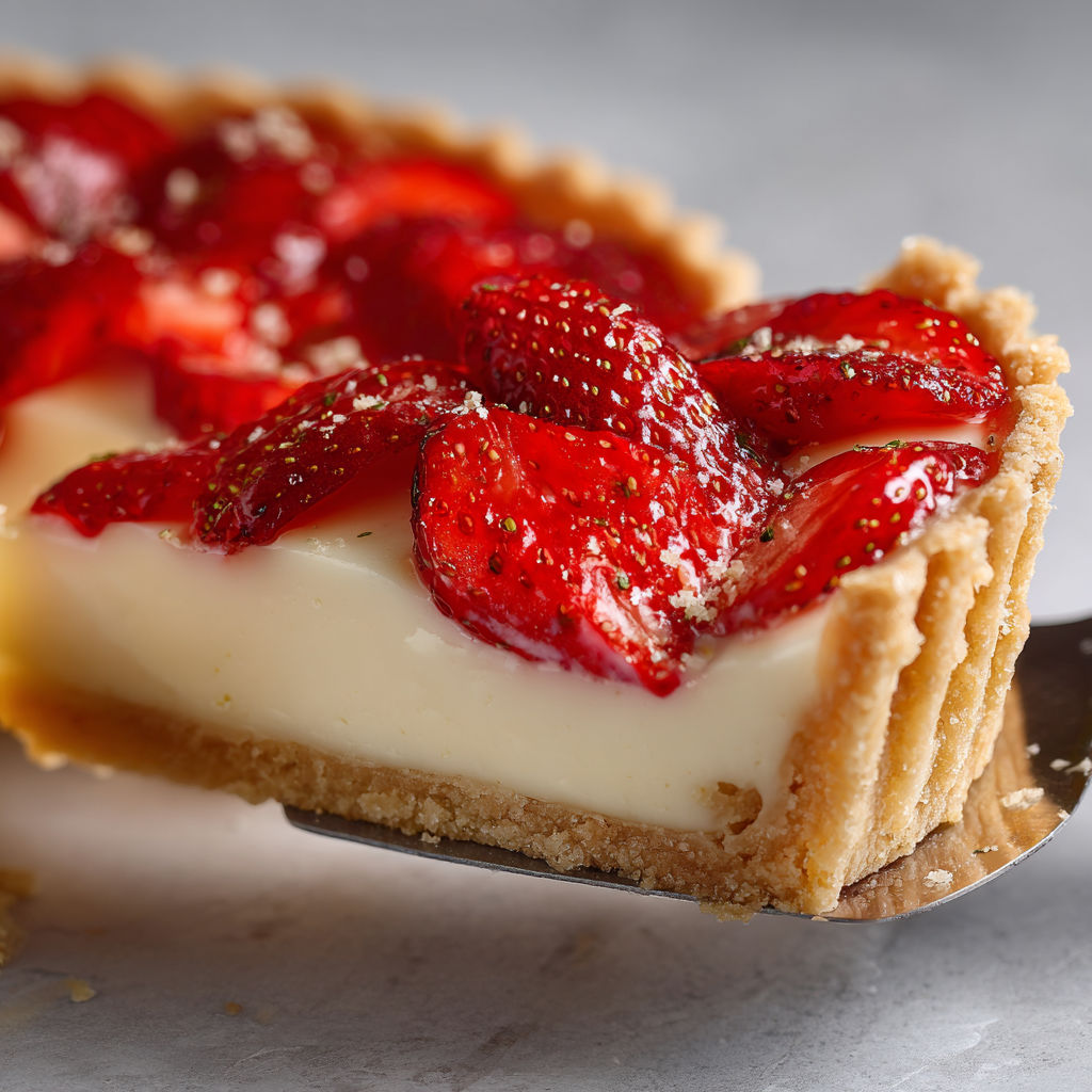 A slice of strawberry cheesecake pie.