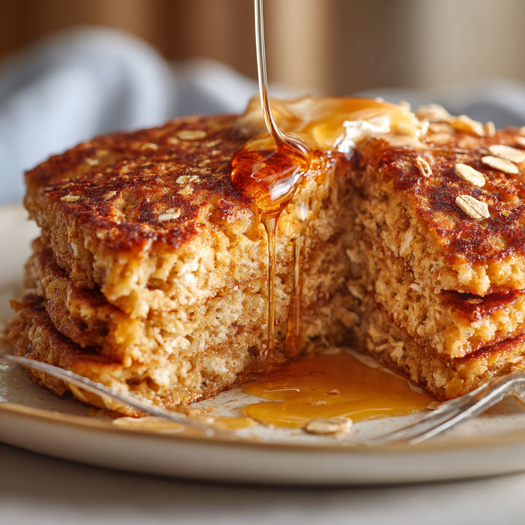 A plate of pancakes with syrup on top.